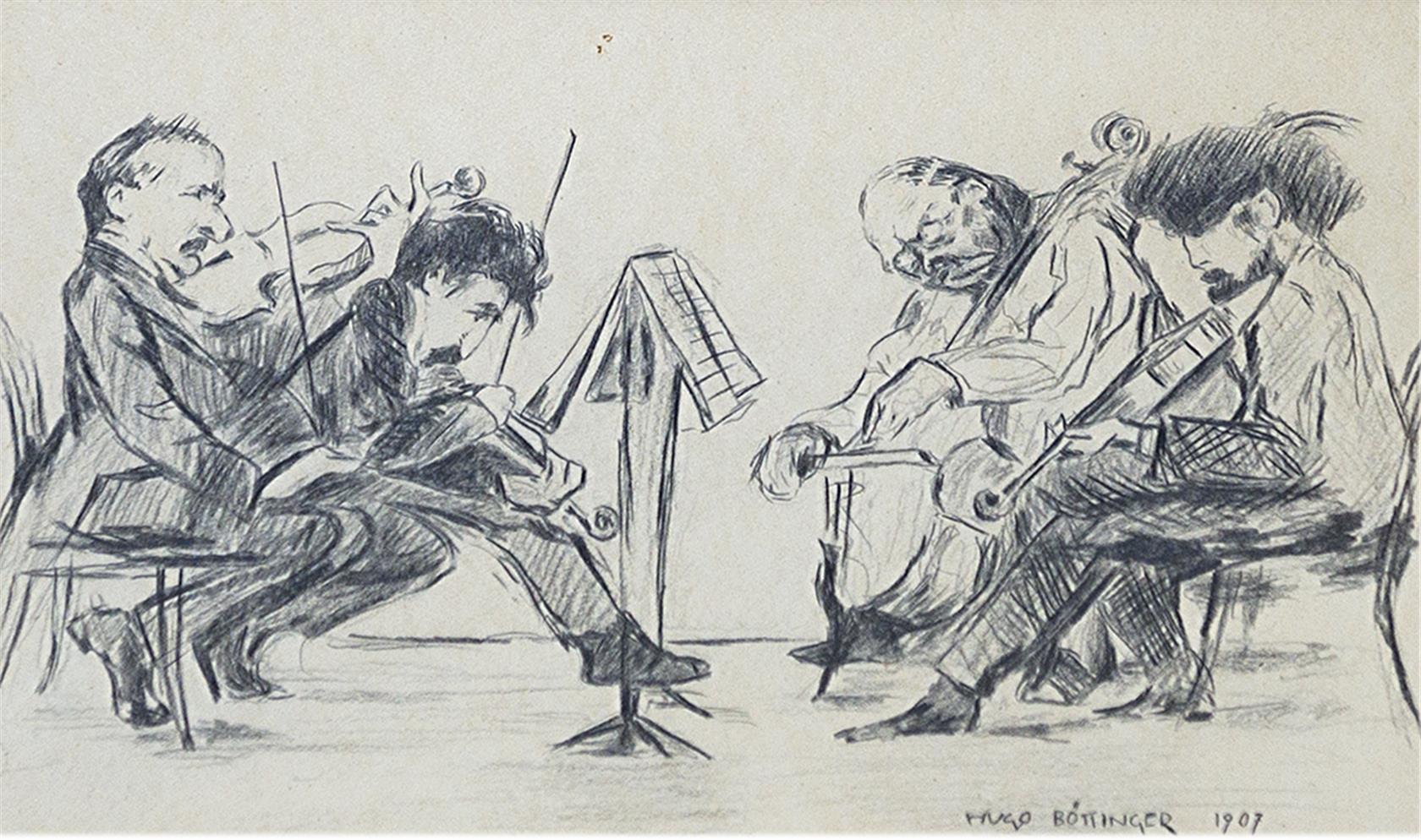 Kresba koncertujícího Českého kvarteta