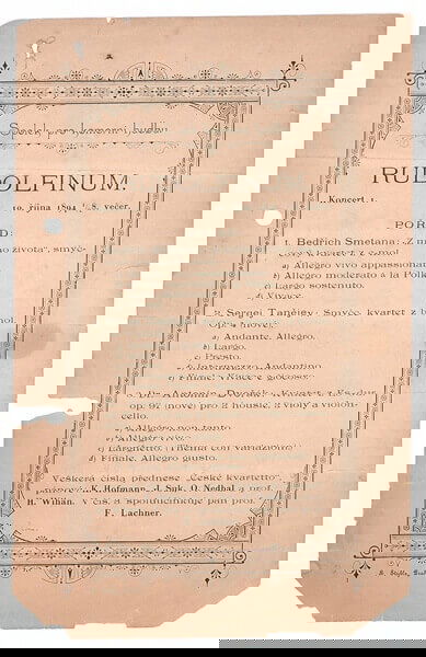 Program prvního koncertu Českého spolku pro komorní hudbu