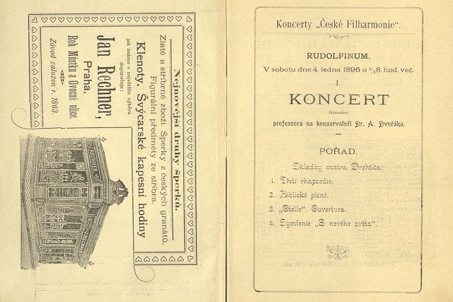 Program prvního koncertu České filharmonie i s dobovou reklamou