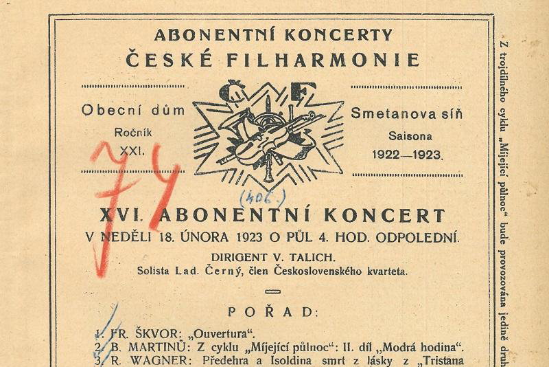 Program koncertu – Míjející půlnoc a Modrá hodina, premiéra 18. února 1923