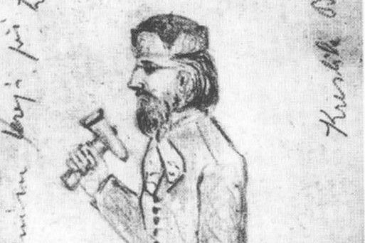 Kresba Betty Smetanové zachycující Bedřicha Smetanu jak poklepává na základní kámen Národního divadla.