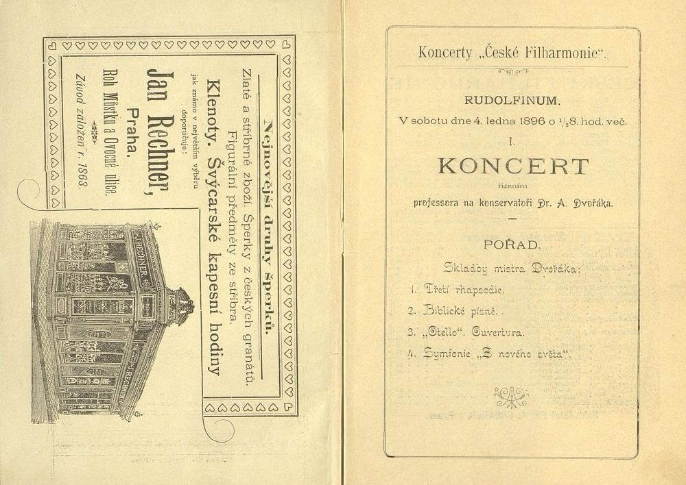 Dobová fotografie programu prvního koncertu České Filharmonie. Zažloutlá dvojstrana. Na jedné straně tehdejší reklama na nejnovější druhy šperků. Na straně druhé přehled hraných koncertů v Sobotu 4. ledna 1896.