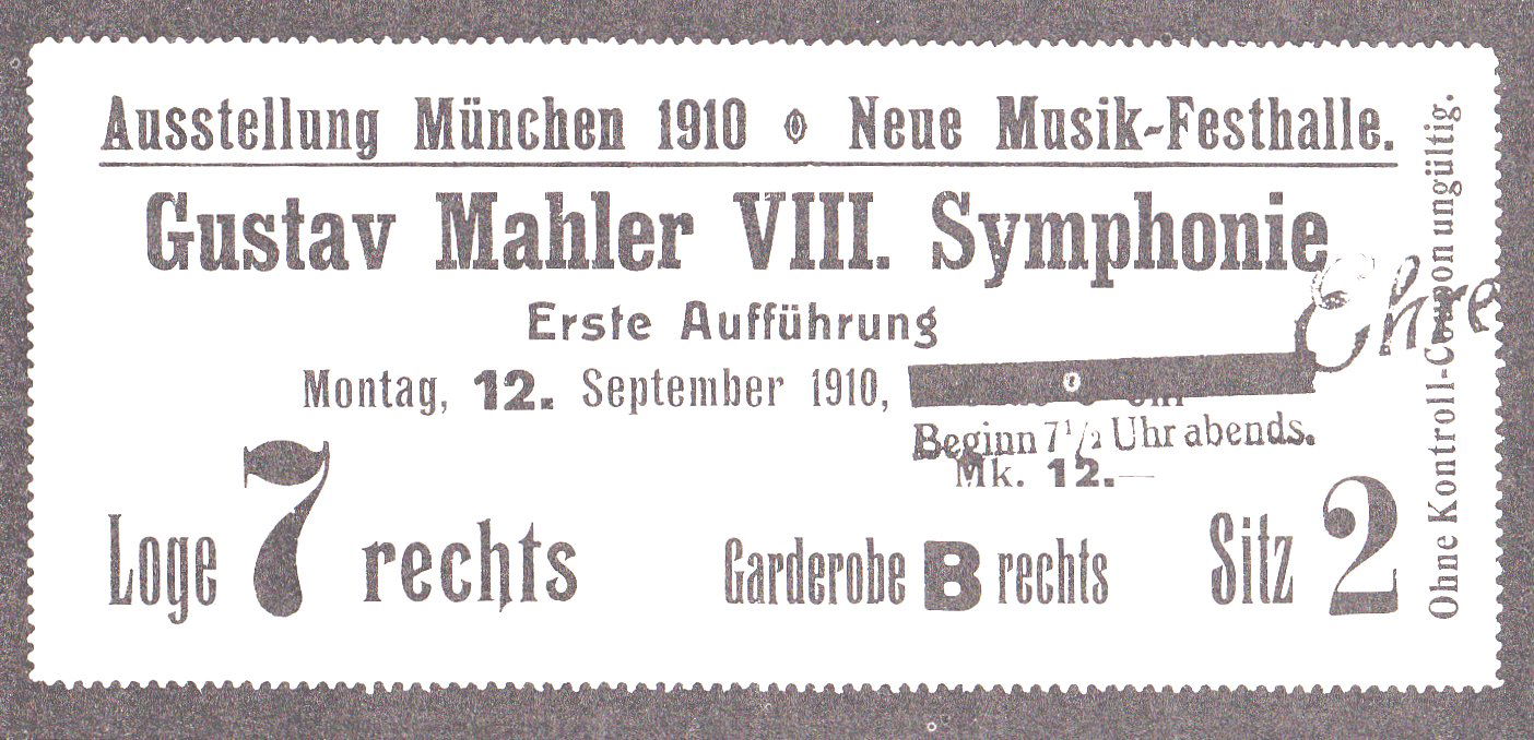 Vstupenka na premiéru Mahlerovy Osmé symfonie, 12. 9. 1910, Mnichov