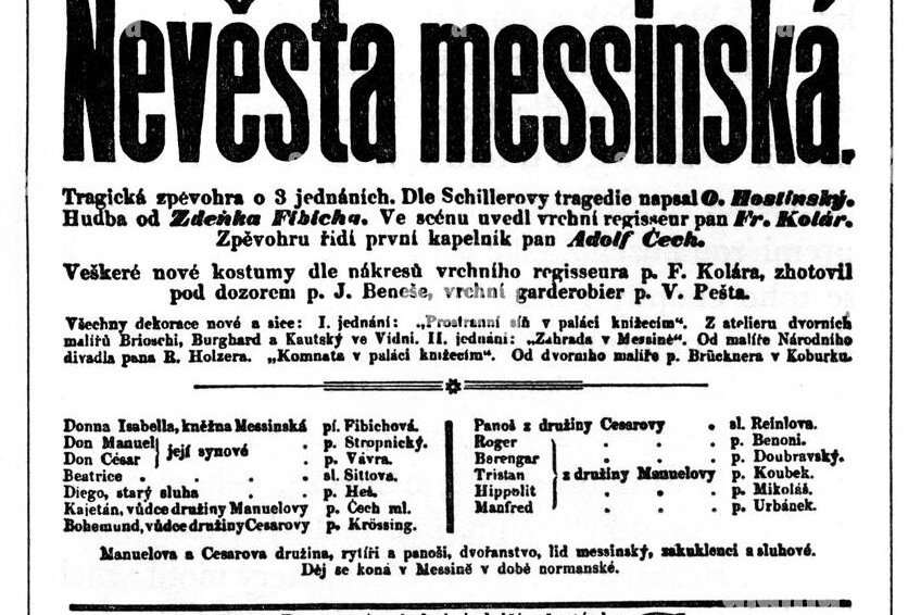Plakát opery Nevěsta messinská v Národním divadle z roku 1884