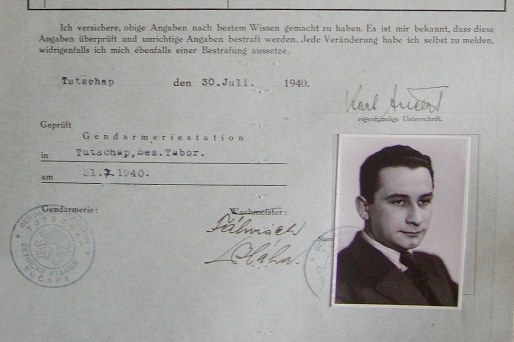 Karel Ančerl. Dokument z policejního registru Židů z roku 1940