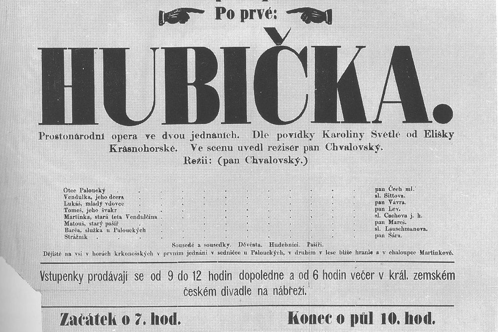 Plakát k premiéře Smetanovy opery Hubička