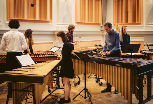 Photo illustrating a concert - event Percussion Ensemble JAMU Czech Chamber Music Society