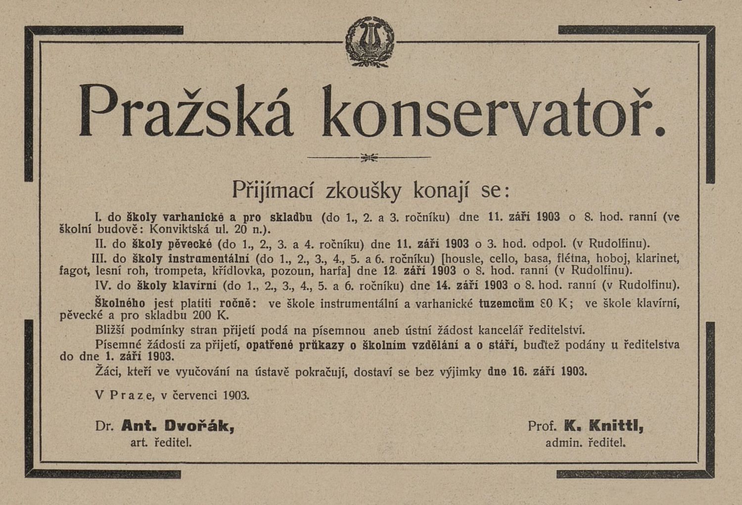 Inzerát Pražské konzervatoře z roku 1903