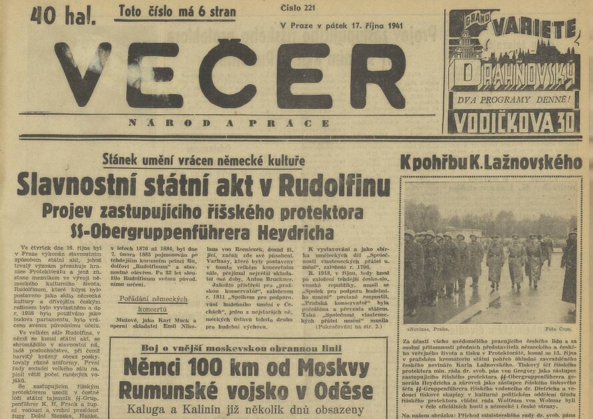 Titulní stránka deníku Večer ze 17. října 1941