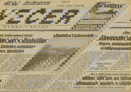 Titulní stránka deníku Večer ze 17. října 1941