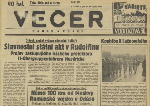 Titulní stránka deníku Večer ze 17. října 1941