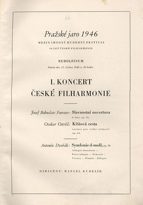 Program 1. koncertu České filharmonie na 1. ročníku Pražského jara v roce 1946